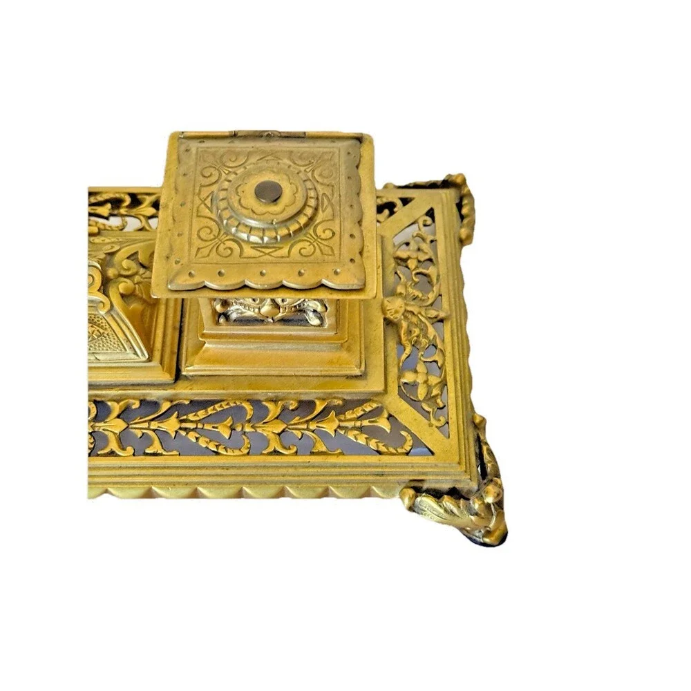 1890 Antique Gilt Bronze Double Inkwell Extraordinary Engraved Heavy Solid Vntg